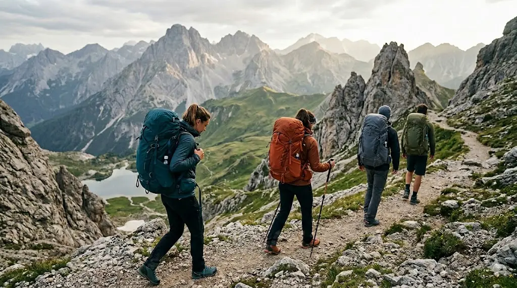 Group of professional hikers carrying technical trekking backpacks on a rugged mountain trail, showcasing durable outdoor gear from a leading hiking bag manufacturer.
