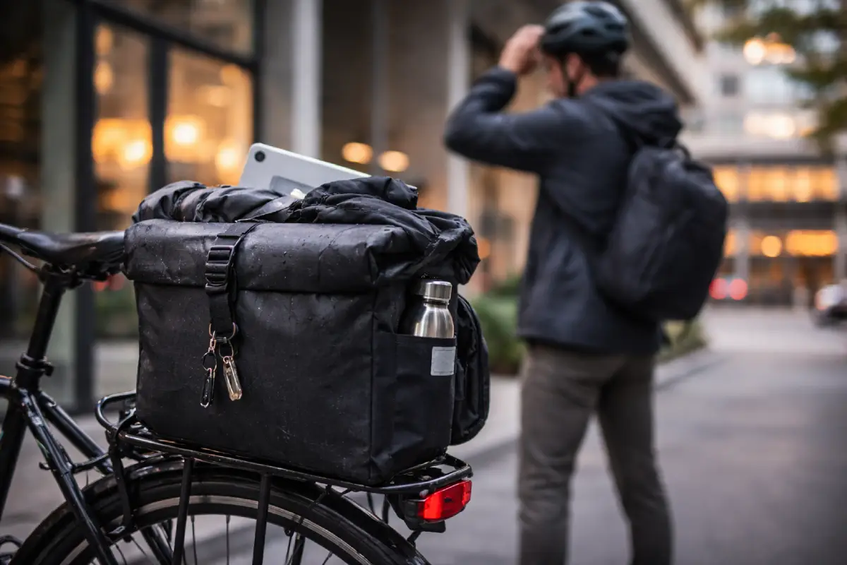 Күнделікті қажетті заттармен жүруге арналған практикалық велосипед сөмкесін көрсететін су өткізбейтін артқы қалта сөмкесі және сөре қондырғысы бар қалалық қалаға арналған велосипед.