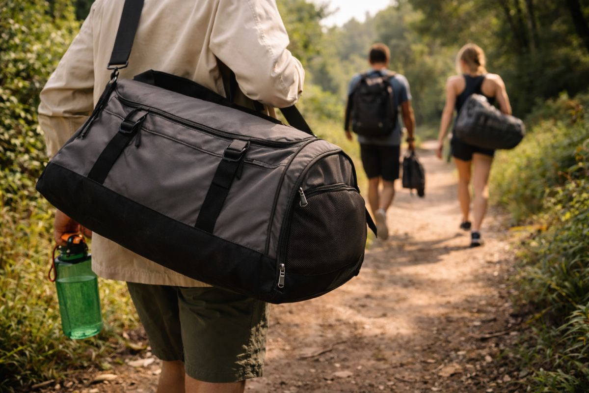 A closed sports training bag carried outdoors, showing a durable and ergonomic design suitable for real workout and daily training scenarios