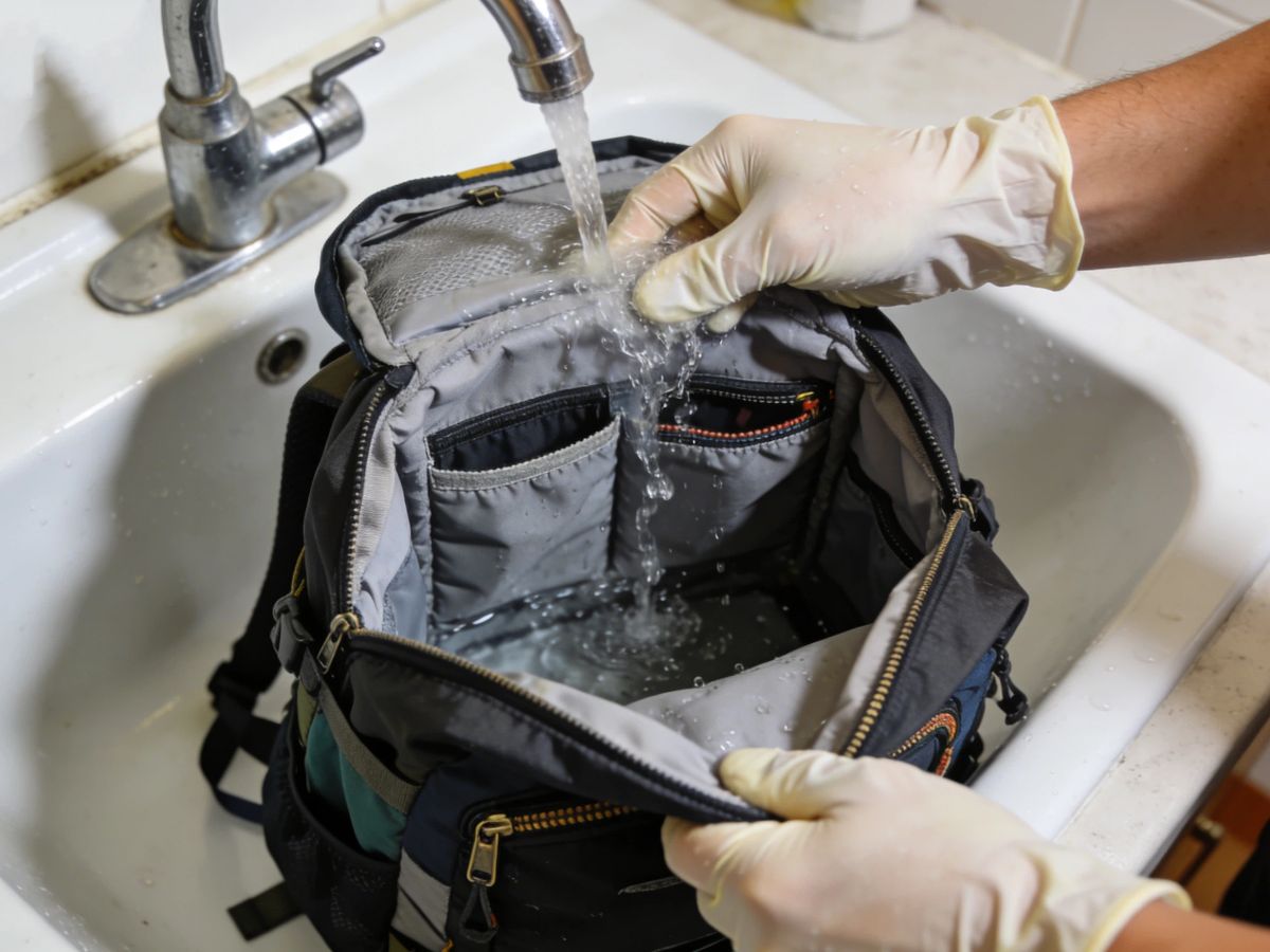 Gusukura imbere ya Backpack ukoresheje amazi atemba nkigice cyo gufata neza umufuka ukwiye kubungabunga no kwitaho