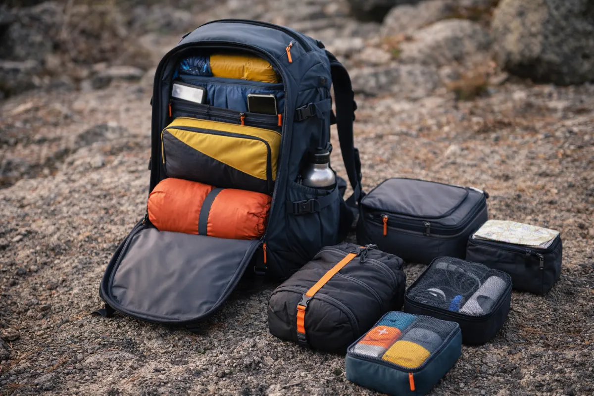 Organized backpack packing layout with packing cubes and efficient space utilization