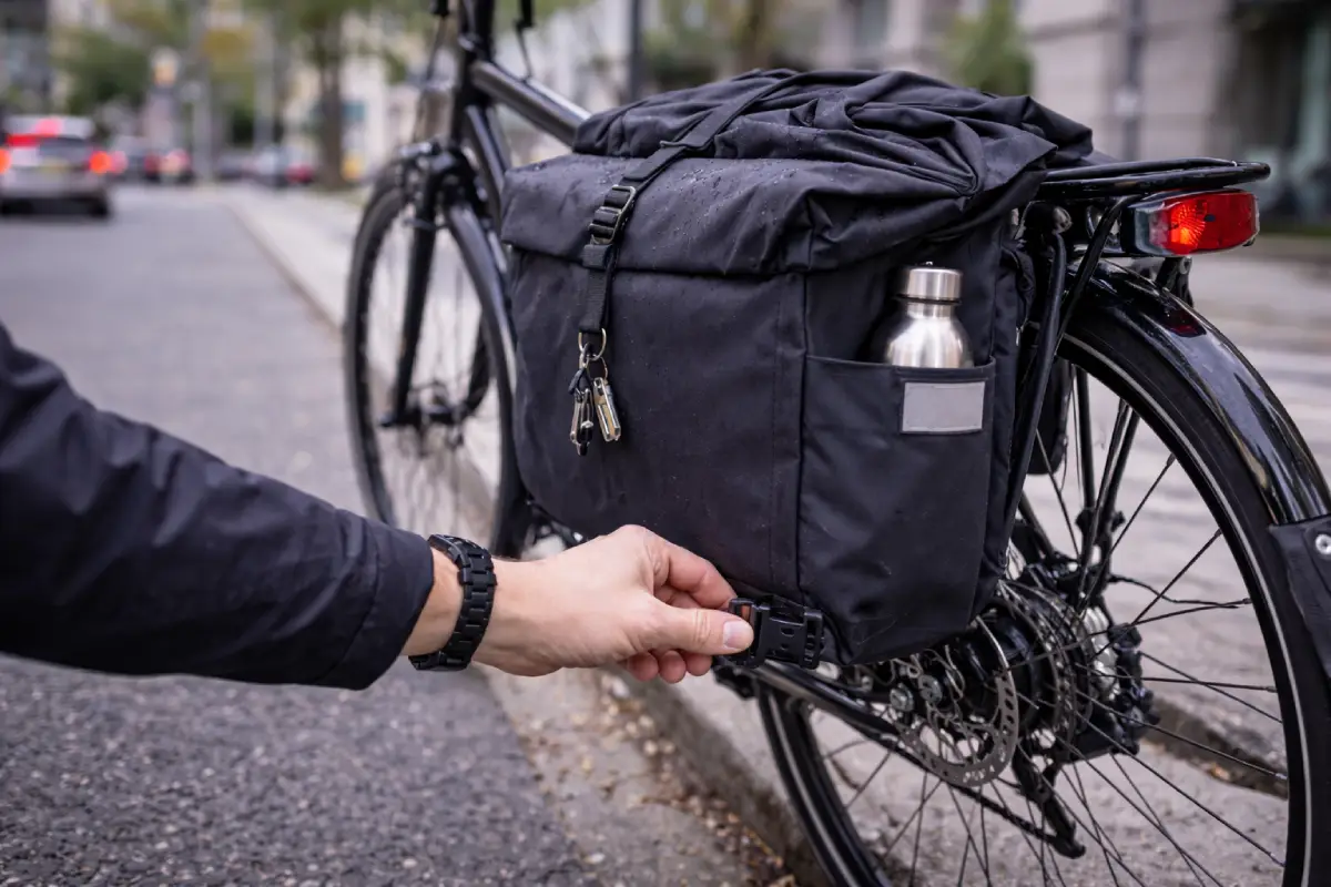 Қала көшелерінде тұрақта тұрған жолаушылар велосипедінің теңселуін болдырмау үшін артқы сөмкедегі төменгі тұрақтандырғыш қыстырғышын тексеріп жатқан адам.