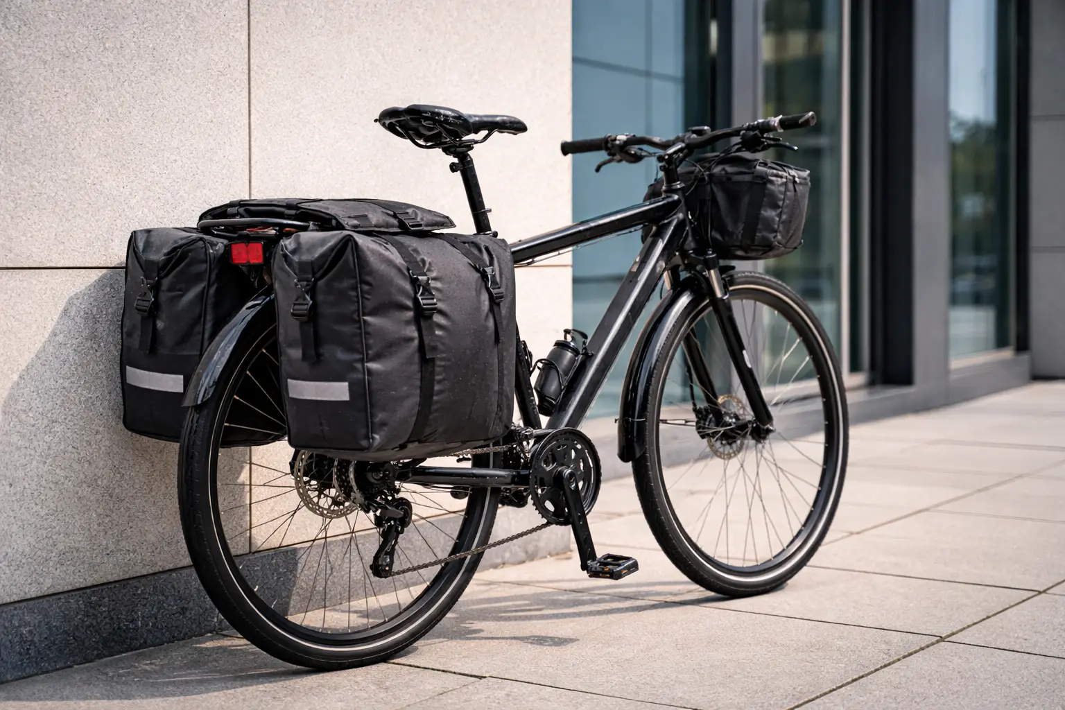 Piepilsētas velosipēds, kas novietots pie modernas biroja ēkas ar divām aizmugurējām bagāžas somām, kurā redzams stabils bagāžnieks drošai ikdienas pārnēsāšanai.