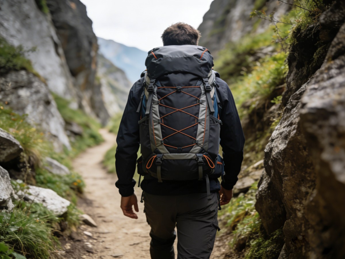 mkoba wa ndani wa fremu unaoonyesha usambazaji bora wa mizigo na usawa unaozingatia mwili kwenye eneo la milimani lisilosawa.