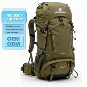 Green hiking backpack with large capacity design for camping travel and outdoor activities