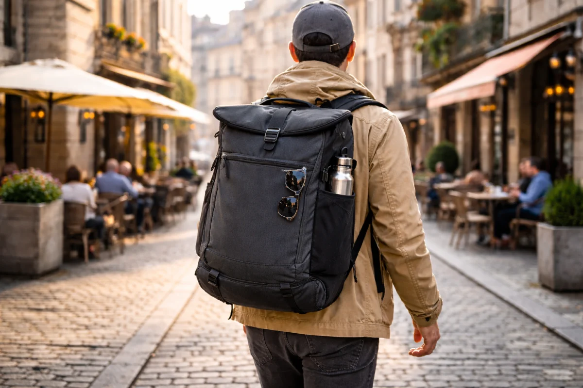 യൂറോപ്യൻ നഗരത്തിൽ ഭാരം കുറഞ്ഞ 30L ബാക്ക്‌പാക്ക് വഹിക്കുന്ന സഞ്ചാരി