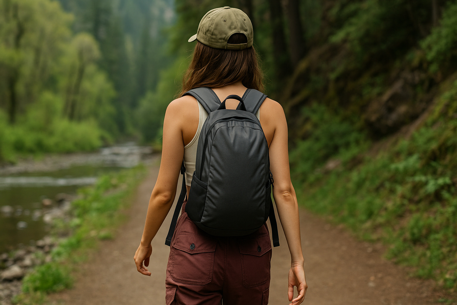 Umukobwa ukiri muto ugenda kumuhanda wishyamba utwara igikapu cyoroshye, cyerekana igishushanyo nyapora kibereye hanze ya trekloor.