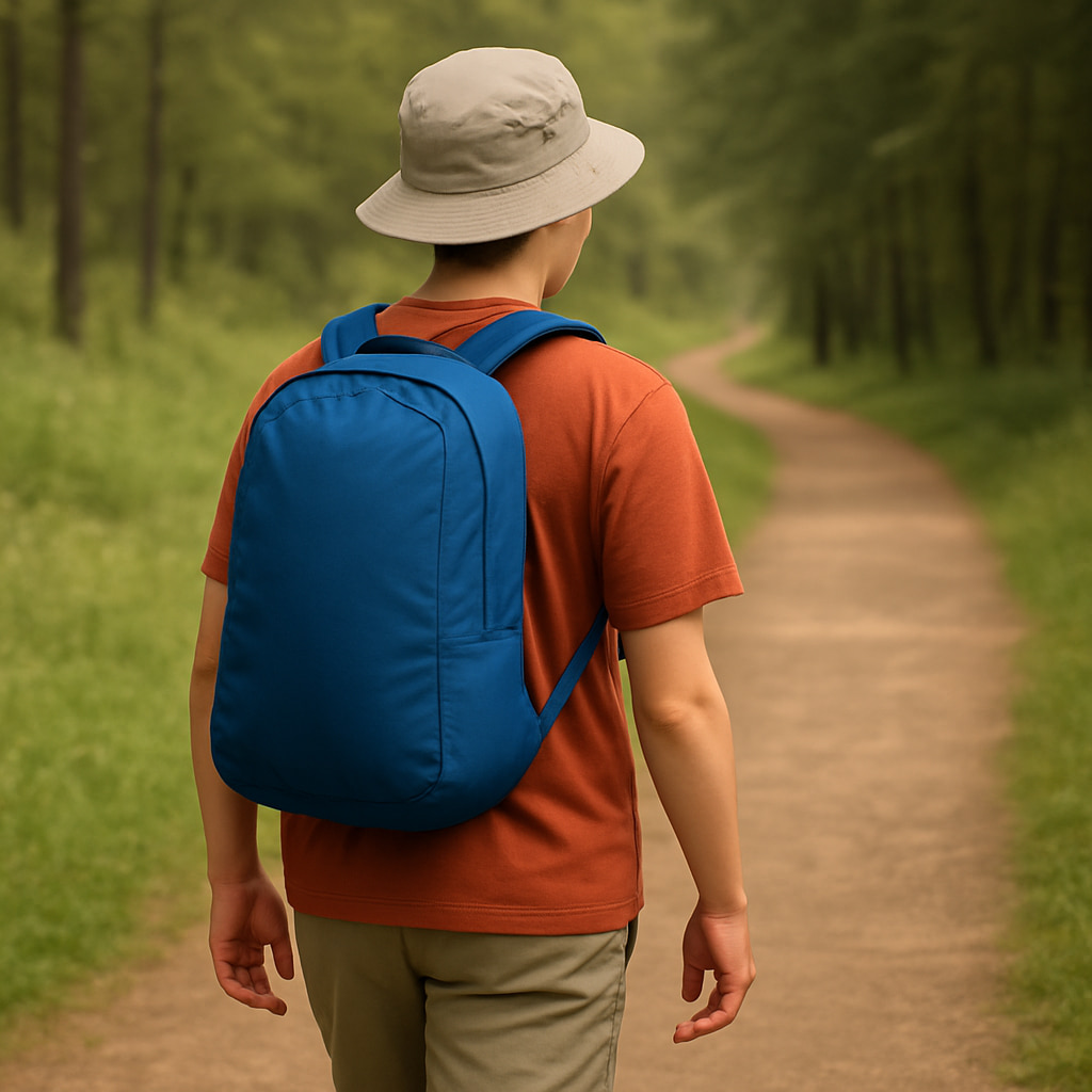 一名徒步旅行者背着颜色鲜艳的轻便徒步包沿着森林小道行走。