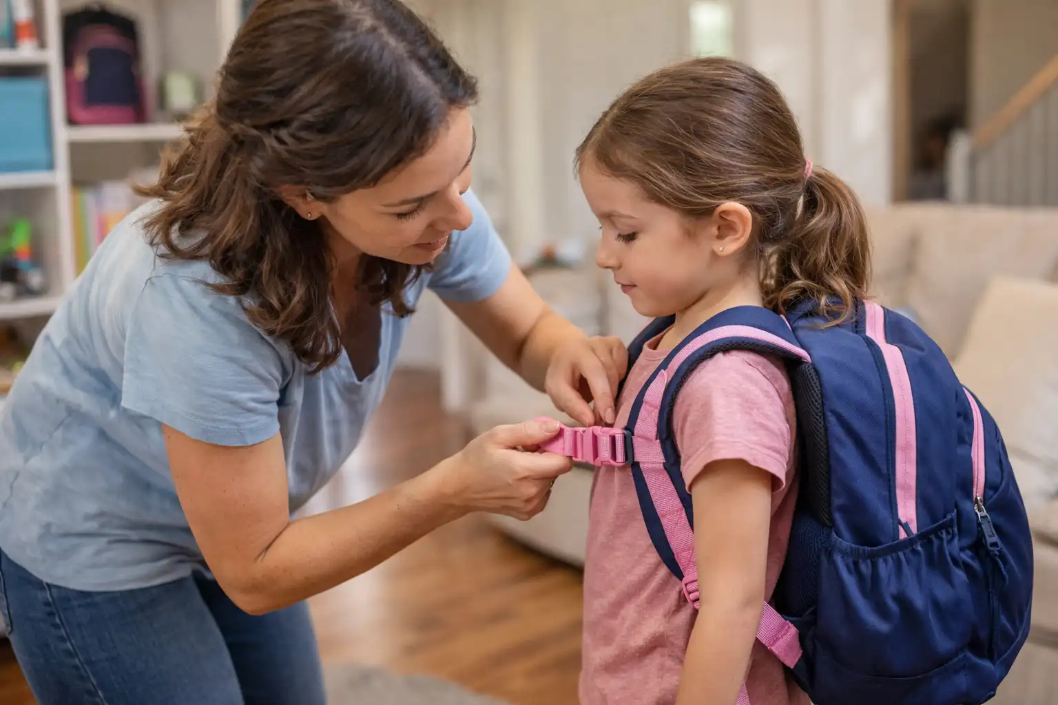 ഇളം ചർമ്മമുള്ള ഒരു അമ്മ മകളുടെ പിങ്ക്, നേവി സ്കൂൾ ബാക്ക്പാക്ക് ക്രമീകരിക്കുന്നു, സുഖപ്രദമായ സ്വീകരണമുറിയിൽ തൻ്റെ കുട്ടിക്ക് സുഖപ്രദമായ ഫിറ്റ് ഉറപ്പാക്കുന്നു.