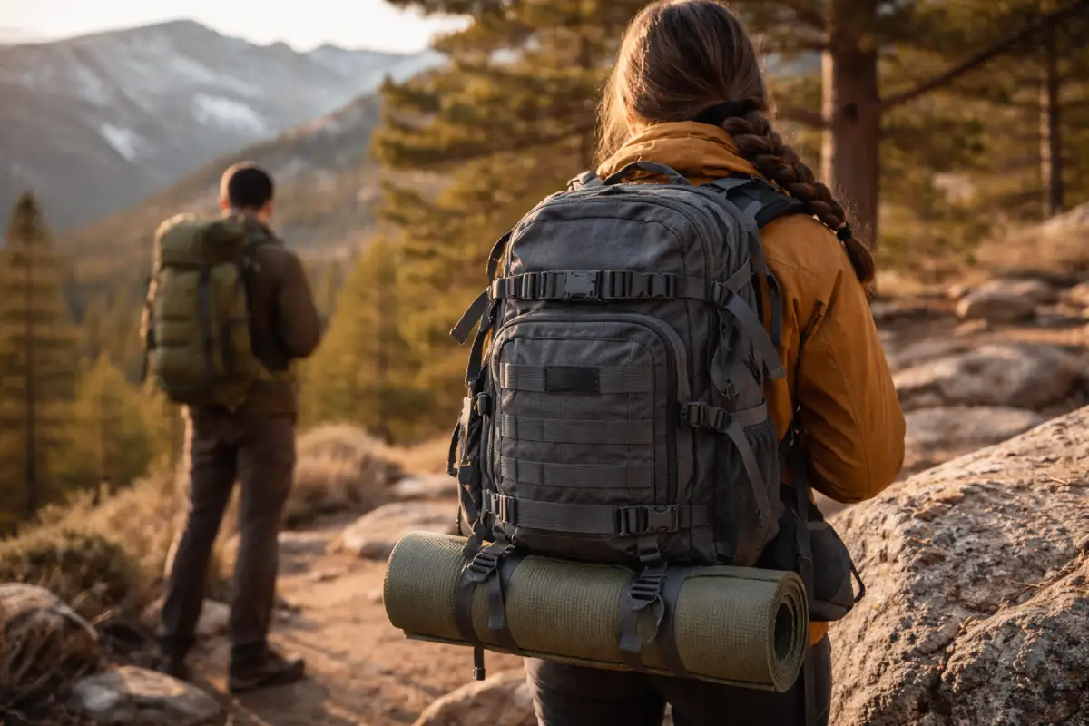 Seorang pejalan kaki wanita melaraskan beg galas kain 900Dnya semasa mendaki di denai gunung yang indah semasa matahari terbenam, dengan pemandangan panoramik landskap