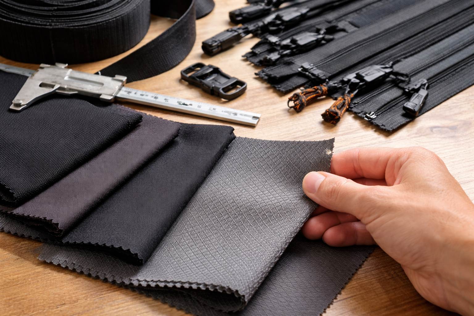 پیرودونکي د پالیسټر پارچه سویچونه د زپرونو او ویبینګ سره پرتله کوي ترڅو د پالیسټر سپورت کڅوړې لپاره د ډینر ، جی ایس ایم او کوټینګ ارزونه وکړي.