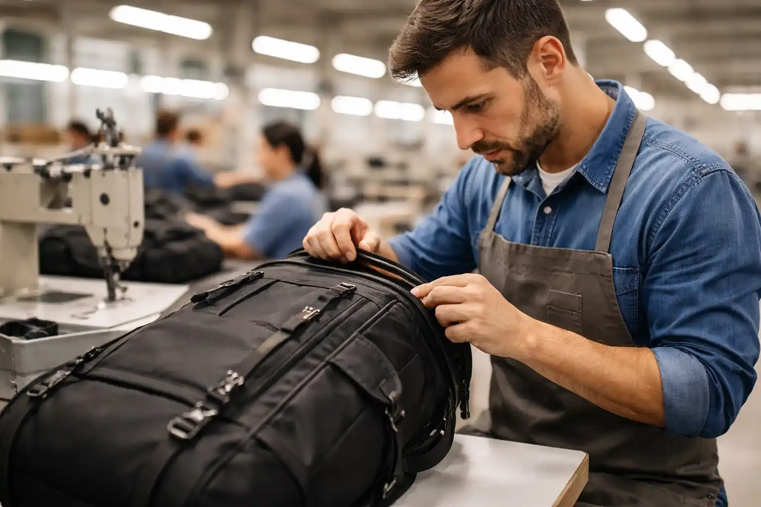 Worker inspecting bag stitching and zipper quality on a manufacturing line in a factory setting, ensuring high production standards.