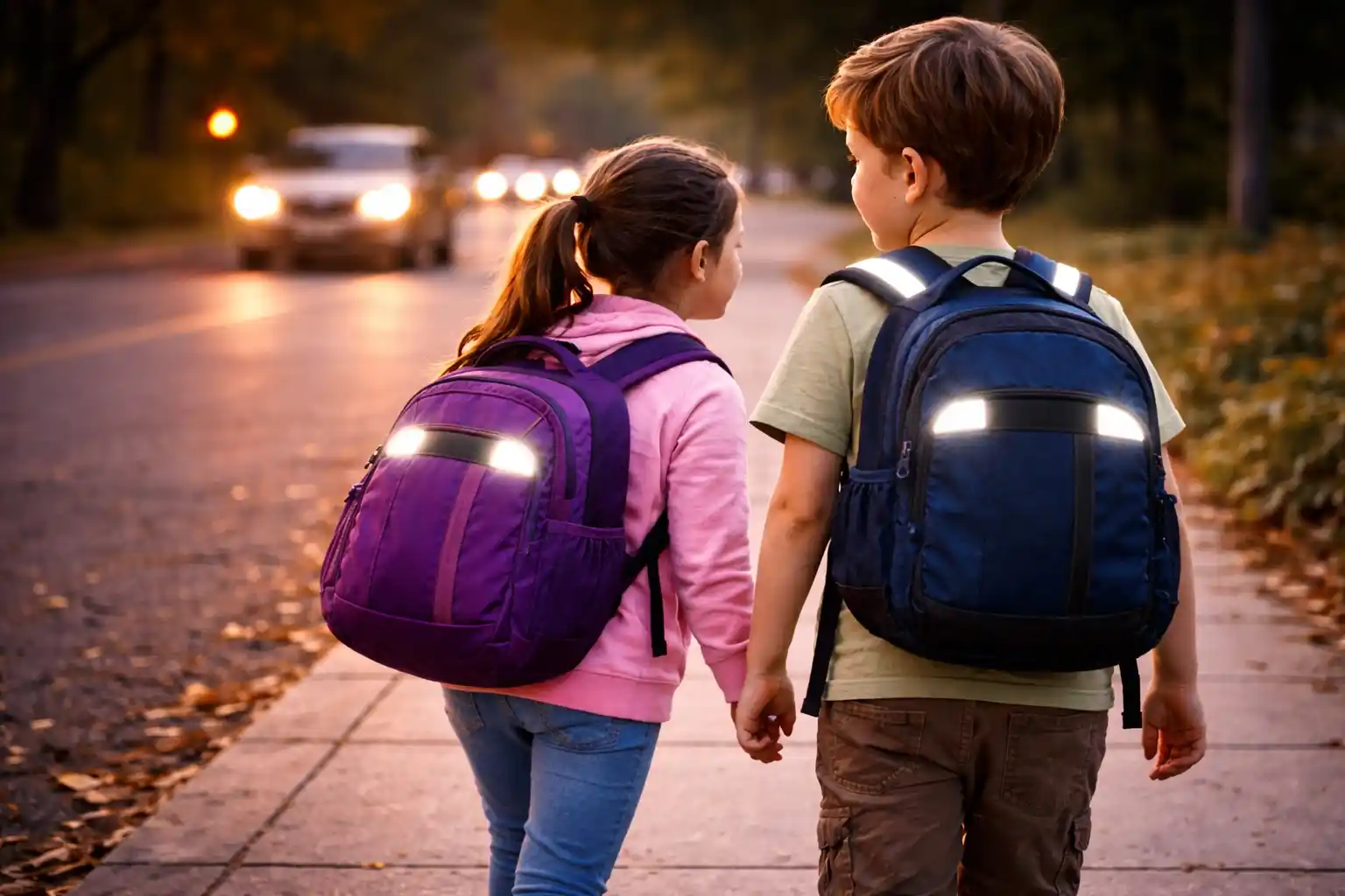 Деца која иду у школу са рефлектујућим школским торбама како би побољшала видљивост и безбедност у условима слабог осветљења