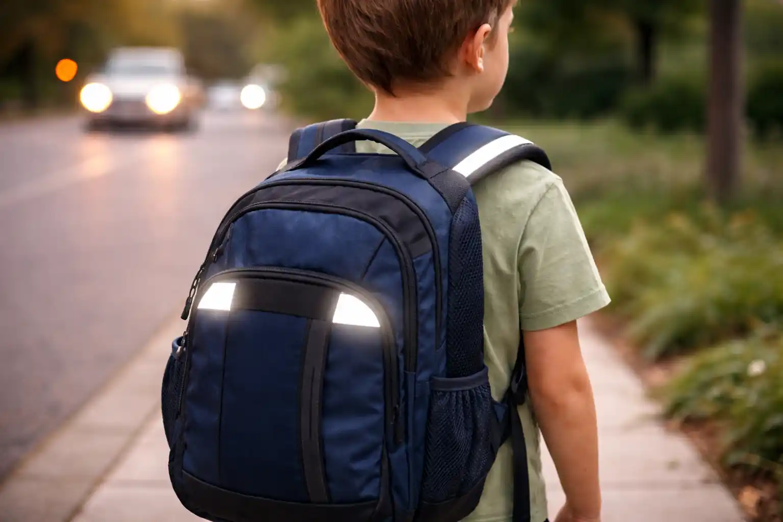 Рефлектирачки елементи на училишна торба што ја подобруваат видливоста на децата при слаба осветленост