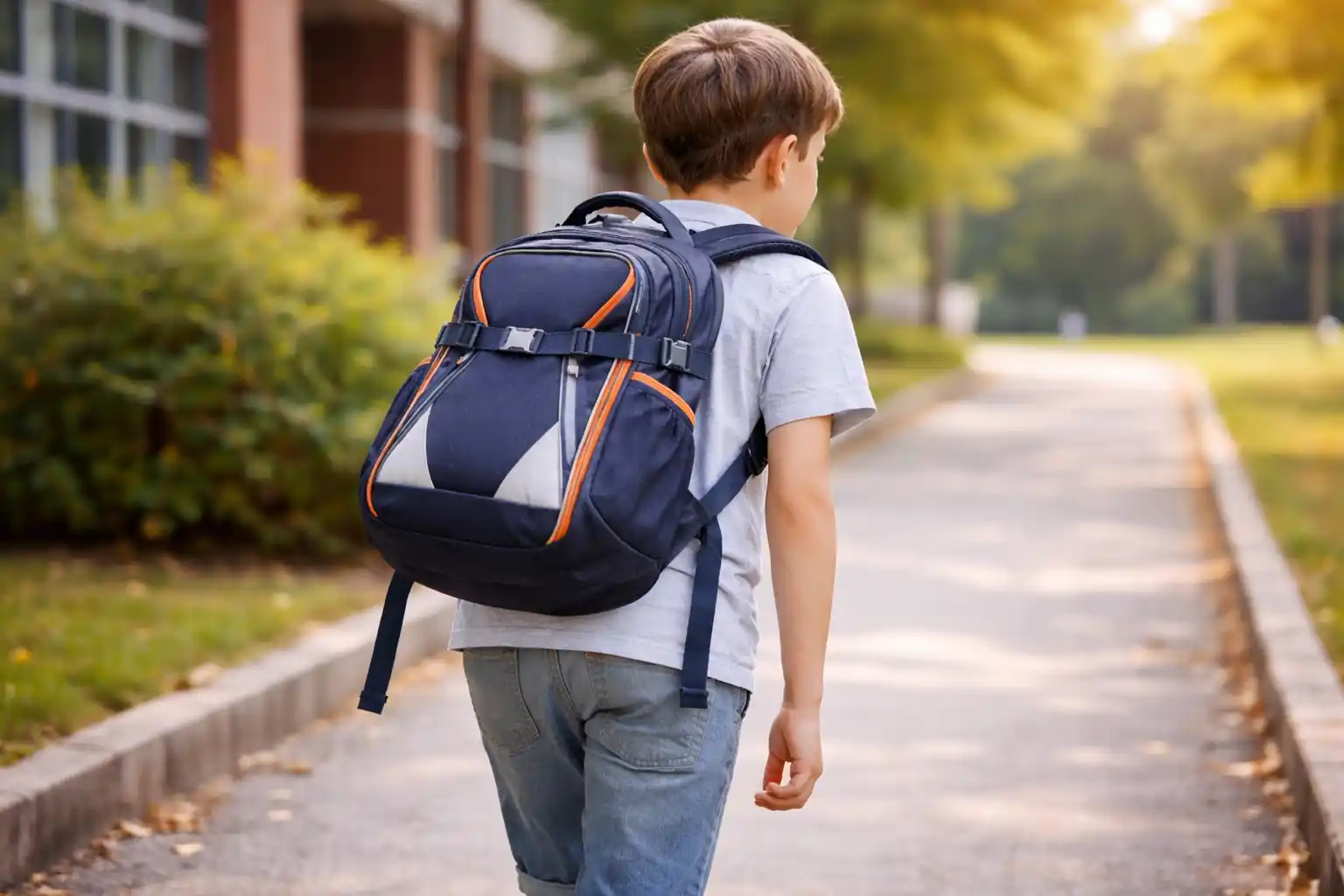 ເດັກນ້ອຍໃສ່ຖົງນັກຮຽນຢູ່ດ້ານຫຼັງຕໍ່າເກີນໄປ, ສະແດງໃຫ້ເຫັນທ່າທາງທີ່ເຄັ່ງຕຶງ ແລະ ເປັນຫຍັງຄວາມເໝາະສົມຈຶ່ງສຳຄັນຕໍ່ສຸຂະພາບຂອງກະດູກສັນຫຼັງ.