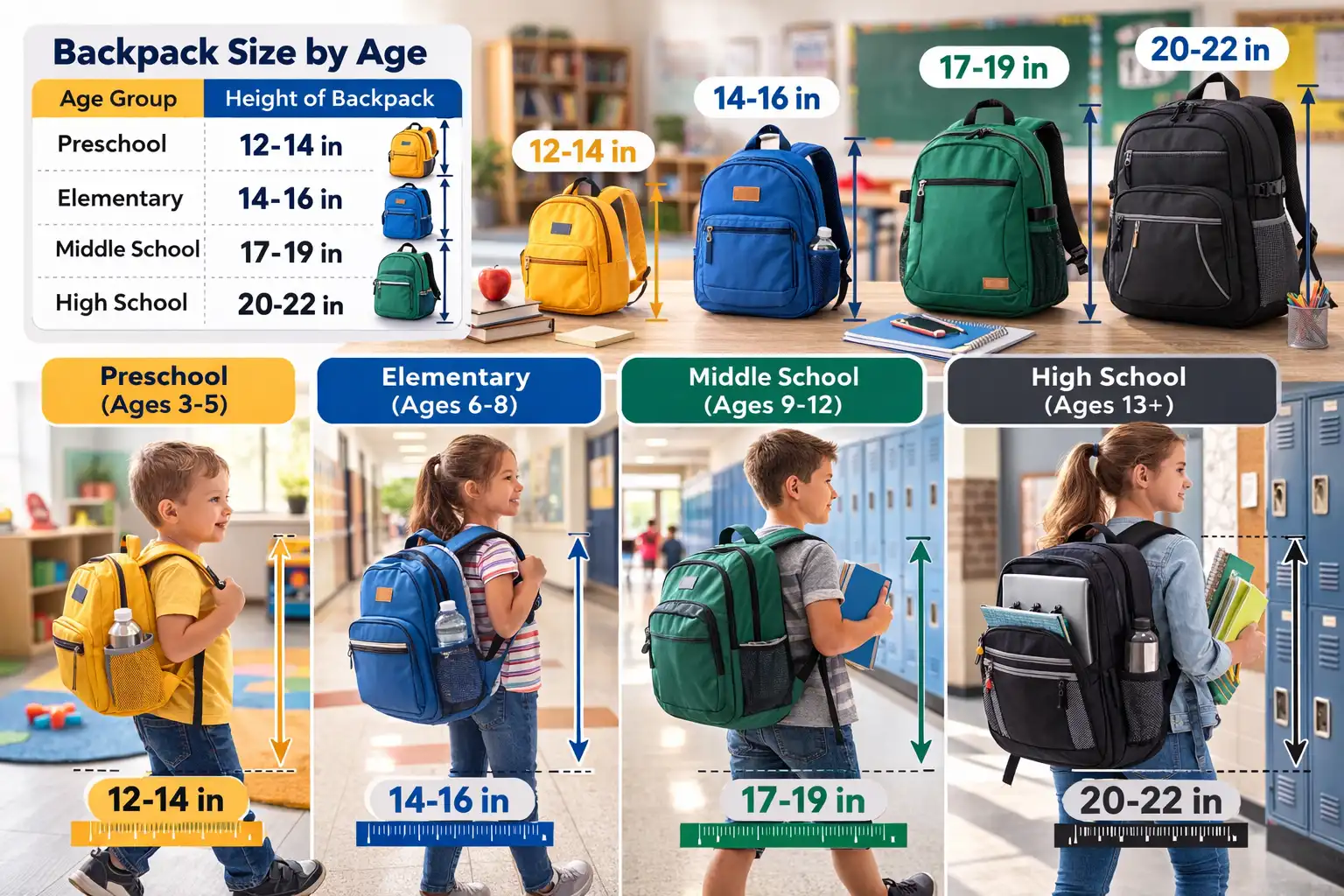 പ്രീസ്‌കൂൾ മുതൽ ഹൈസ്‌കൂൾ വരെയുള്ള വ്യത്യസ്‌ത പ്രായക്കാർക്കായി ശുപാർശ ചെയ്‌ത സ്‌കൂൾ ബാക്ക്‌പാക്ക് വലുപ്പം കാണിക്കുന്ന ഇൻഫോഗ്രാഫിക്, ക്ലാസ് റൂം ക്രമീകരണത്തിൽ കുട്ടികളുടെ വിവിധ വലുപ്പത്തിലുള്ള ബാക്ക്‌പാക്കുകൾ ധരിക്കുന്നതിൻ്റെ ദൃശ്യങ്ങൾ.