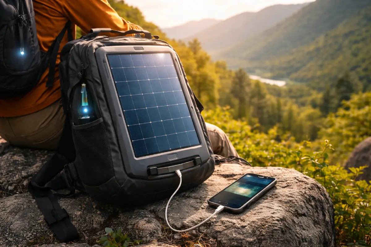 Hiker relaxing on a rock with a solar-powered backpack, charging a smartphone at 82% in a scenic mountainous landscape, with the solar panel absorbing sunlight.