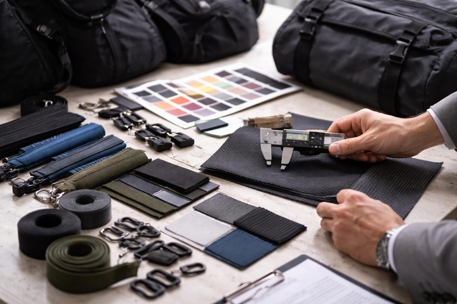 Buyer verifying sports bag BOM materials including fabric swatches, zippers, webbing, buckles, and colour cards before bulk production.