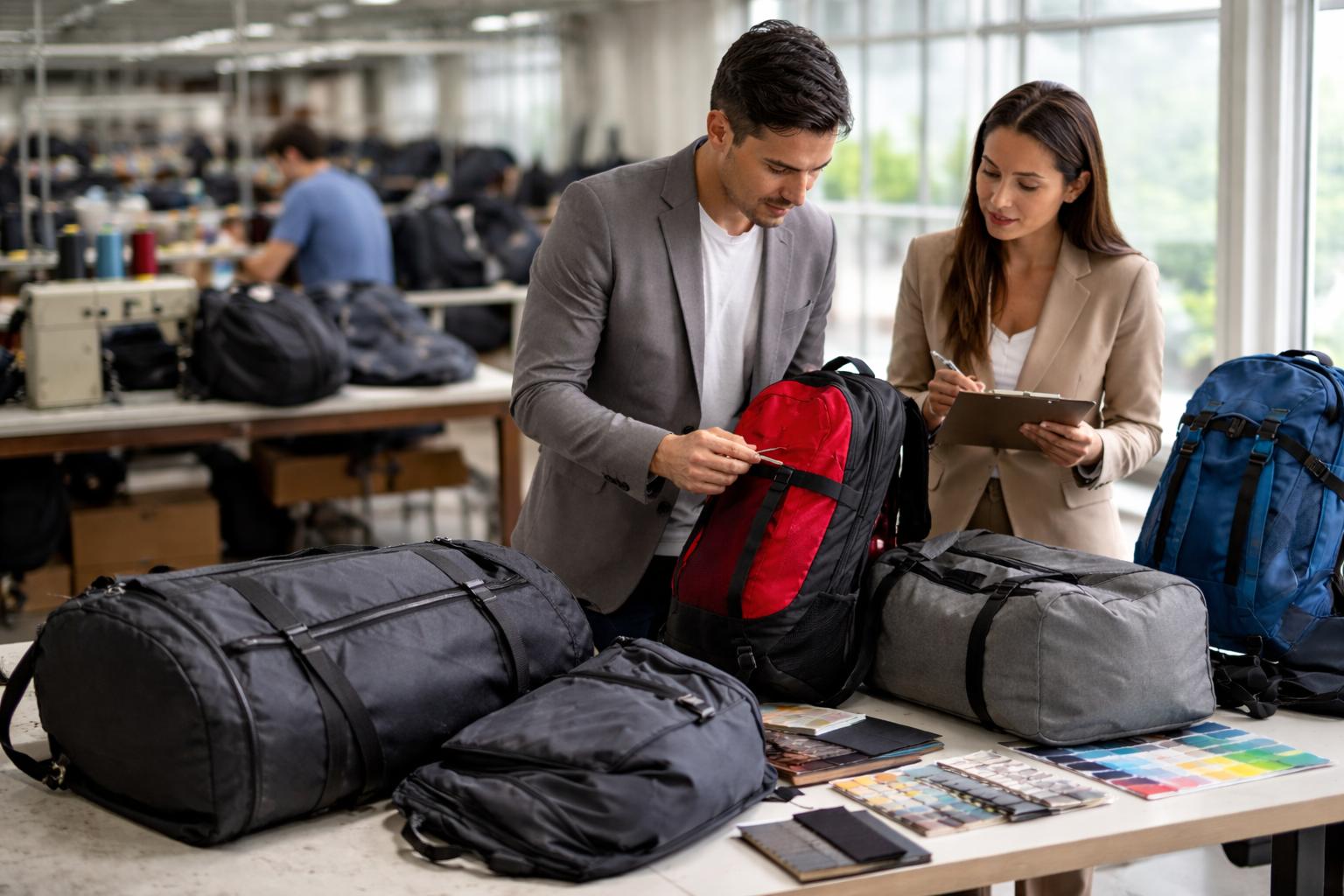 Buyer reviewing samples at a sports bag manufacturer to choose between a factory and a trading company for OEM gym bags and duffel bags.