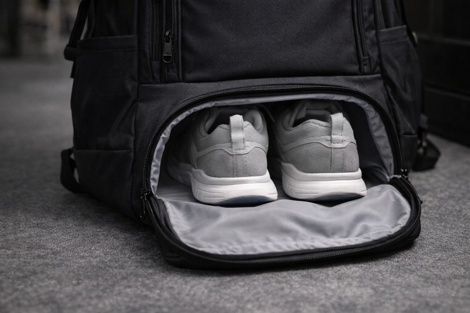 Sports bag shoe compartment designed to separate footwear and reduce odor transfer.