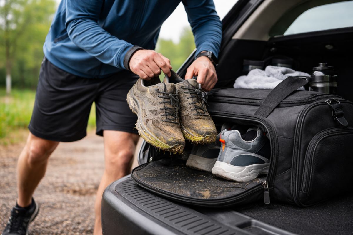 Athleta ponens calceos in calceamentum currendo calceos in cellula ludicrae pera post velit disciplinam ut vestes mundas in transitus umbraticis custodiant