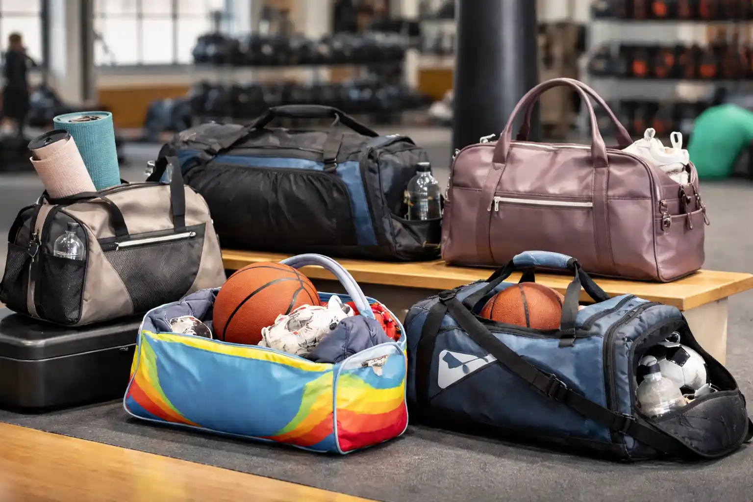 Real gym scene with multiple sports bags, including duffel and tote styles, showing how to choose the right sports and gym bag for training and daily use.