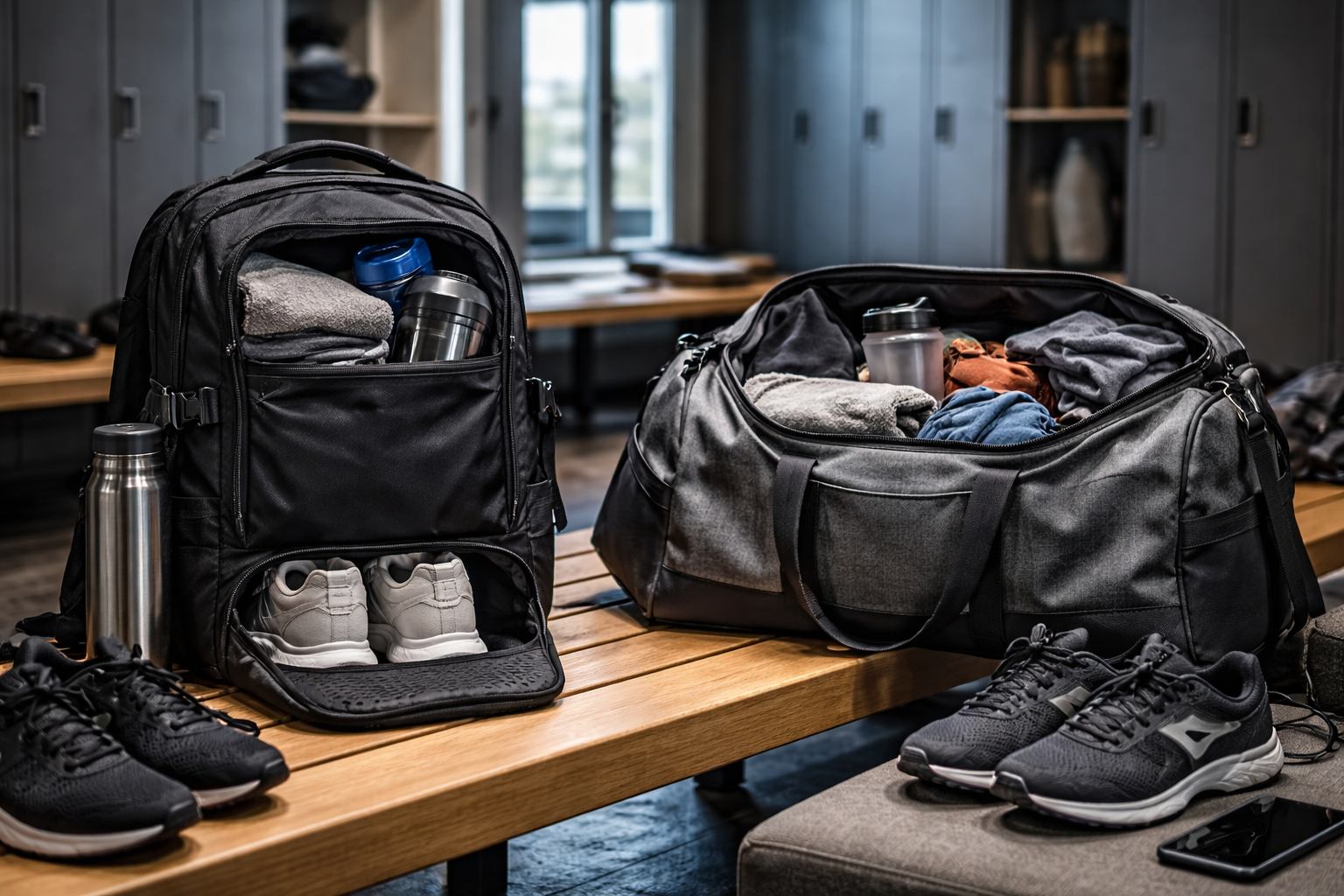 A sports backpack and a duffel bag placed on a gym bench, showing shoe compartments, internal organization, and real gym training storage differences.