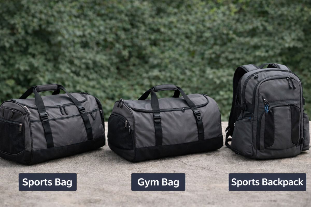 Side-by-side comparison of a sports bag, gym bag, and sports backpack showing differences in structure, capacity, and carrying design