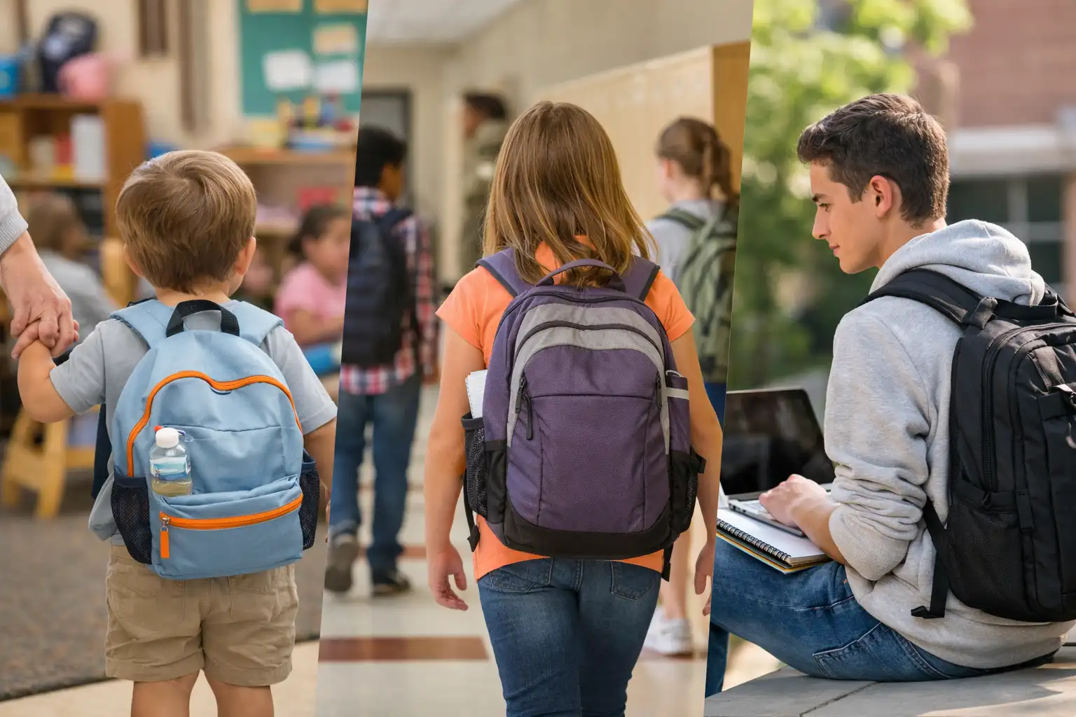 വിവിധ സ്‌കൂൾ പരിസരങ്ങളിൽ സ്‌കൂൾ ബാക്ക്‌പാക്ക് ധരിച്ച വ്യത്യസ്‌ത പ്രായത്തിലുള്ള മൂന്ന് കുട്ടികൾ: പ്രായപൂർത്തിയായ ഒരാളുമായി കൈകോർത്ത് നിൽക്കുന്ന ഒരു പ്രീ-സ്‌കൂൾ ആൺകുട്ടി, ലോക്കറിലൂടെ നടക്കുന്ന ഒരു മിഡിൽ സ്‌കൂൾ പെൺകുട്ടി, ലാപ്‌ടോപ്പും നോട്ട്ബുക്കുമായി പുറത്ത് ഇരിക്കുന്ന ഒരു ഹൈസ്‌കൂൾ വിദ്യാർത്ഥി.
