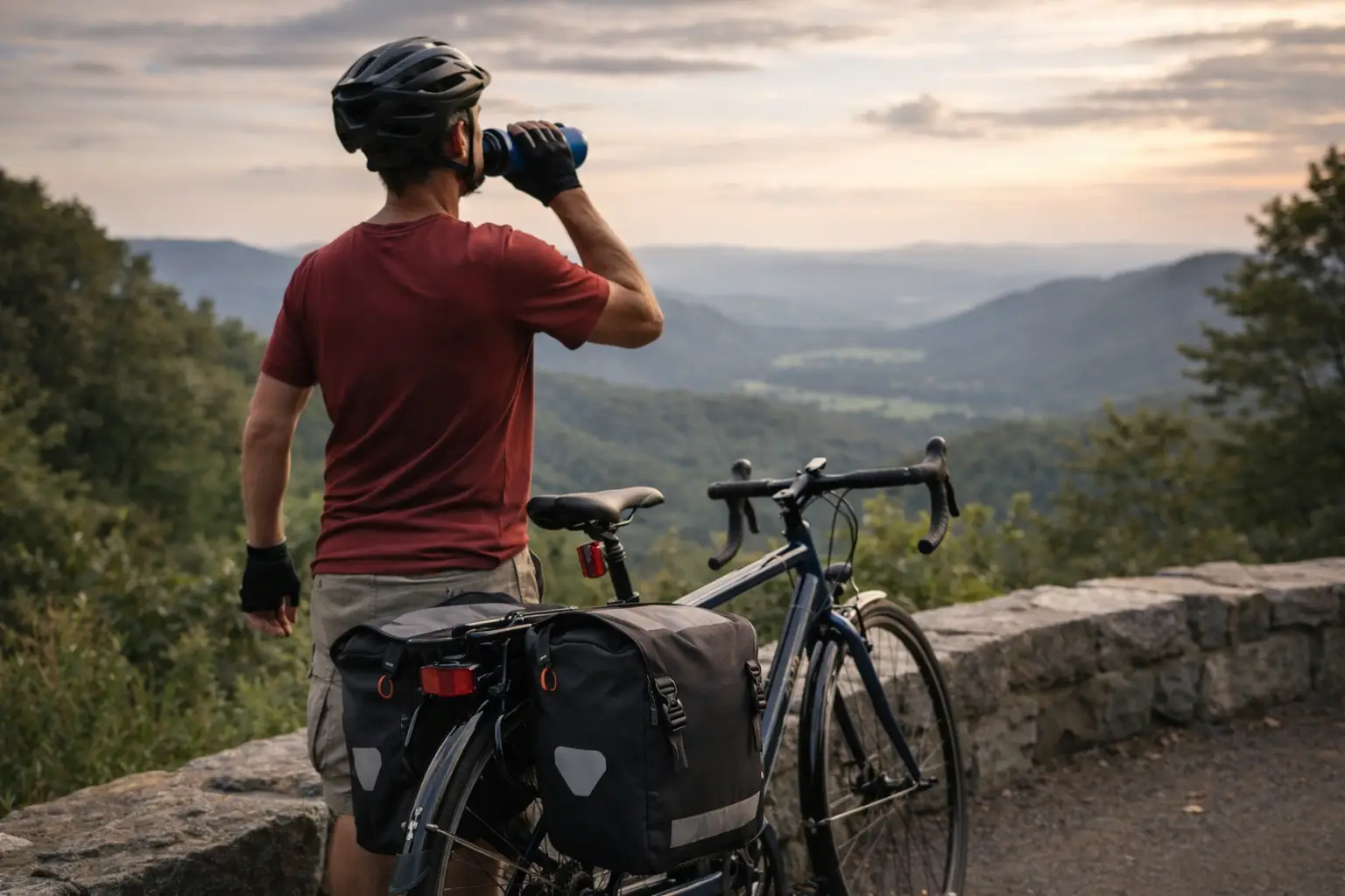 Tūrisma velosipēds ar aizmugurējām bagāžas somām lauku atpūtas pieturā, kas parāda līdzsvarotu slodzes sadalījumu stabilai braukšanai lielos attālumos.