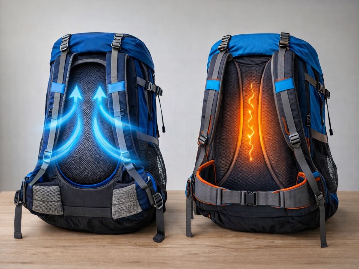 Сравнение на вентилирана гръбна система и традиционен подплатен заден панел на туристически раници, показващ въздушен поток срещу задържане на топлина