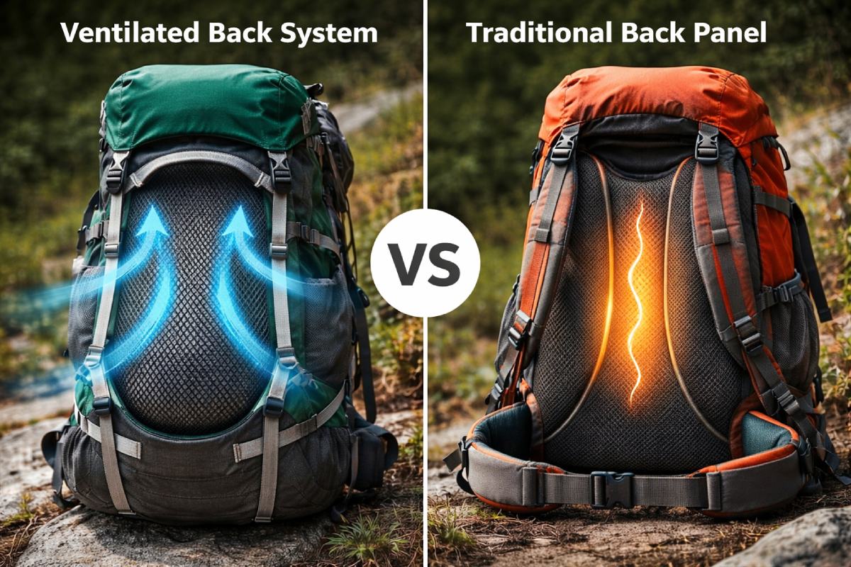 Uthelekiso lweenkqubo ezingasemva ezifakwe umoya kunye neepaneli zasemva zikabhaka, ezibonisa uyilo lwemesh yokuphuma komoya xa kuthelekiswa nokupakishwa kwegwebu lokuhamba ngobhaka.