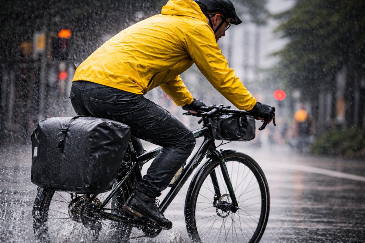 Umhambi ukhwele kwimvula enkulu enebhegi enye engasemva engangenwa manzi, ebonisa iintsimbi zamanzi kunye nesitshizi samavili kwisitalato sesixeko.