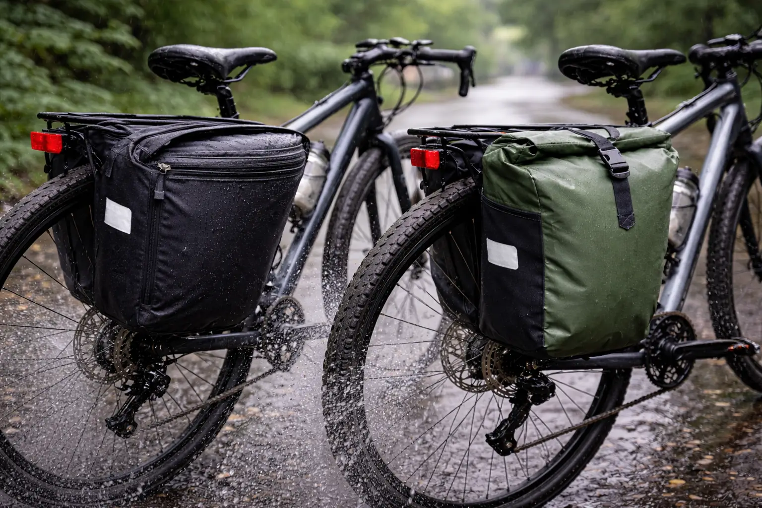 Two pannier closures in wet conditions showing roll-top sealing and a protected waterproof zipper under road spray
