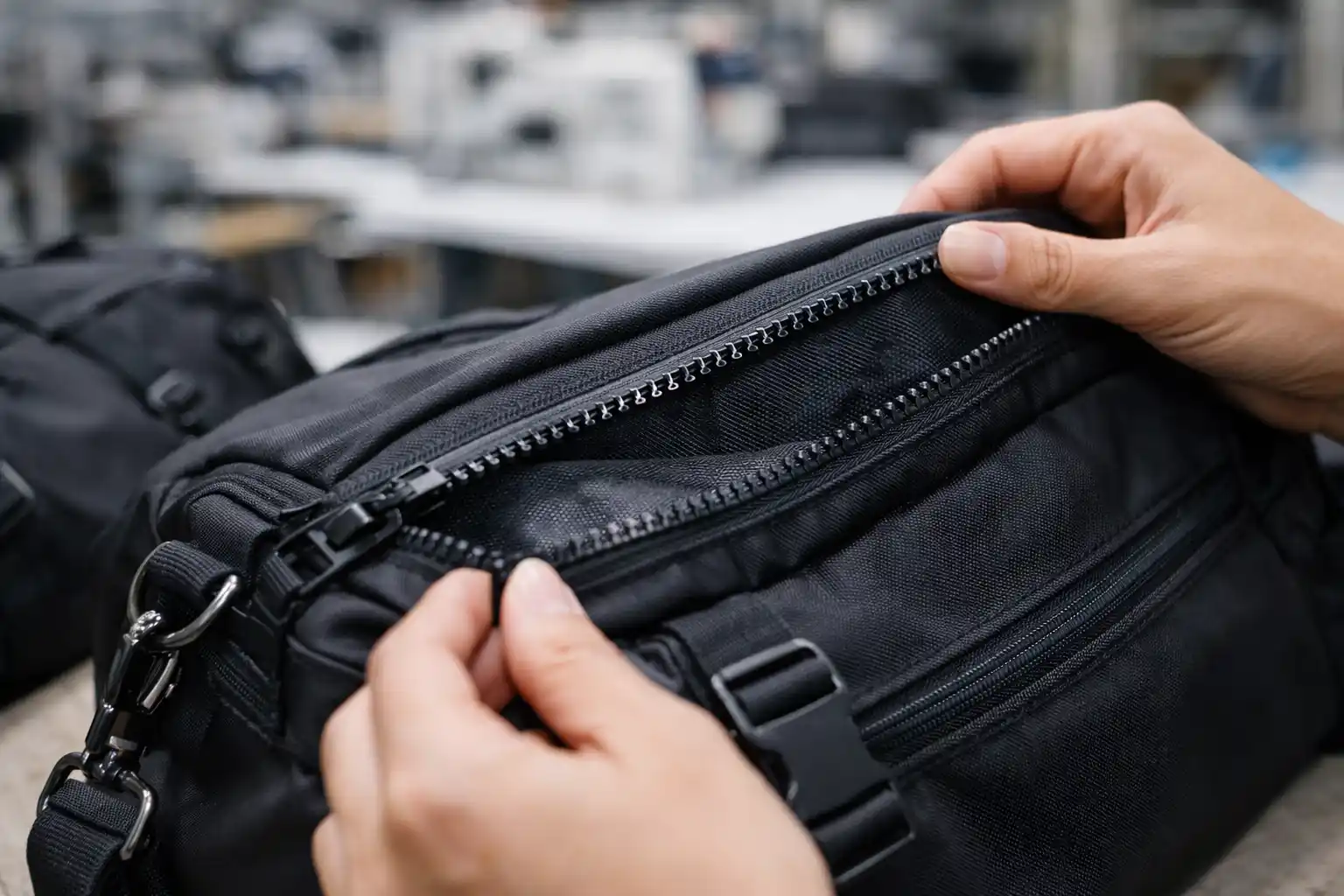 Inspeksi struktur seleting waterproof dina kantong olahraga salila evaluasi kualitas supplier