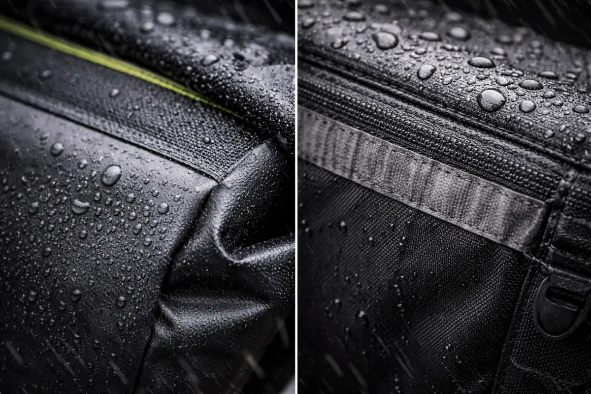 په سخت باران کې د واټر پروف بایسکل کڅوړه بندول چې د ویلډډ سیم ساختماني او ټیپ شوي سټیچ شوي سیمونه په پارچه کې د اوبو بیډنګ سره پرتله کوي.