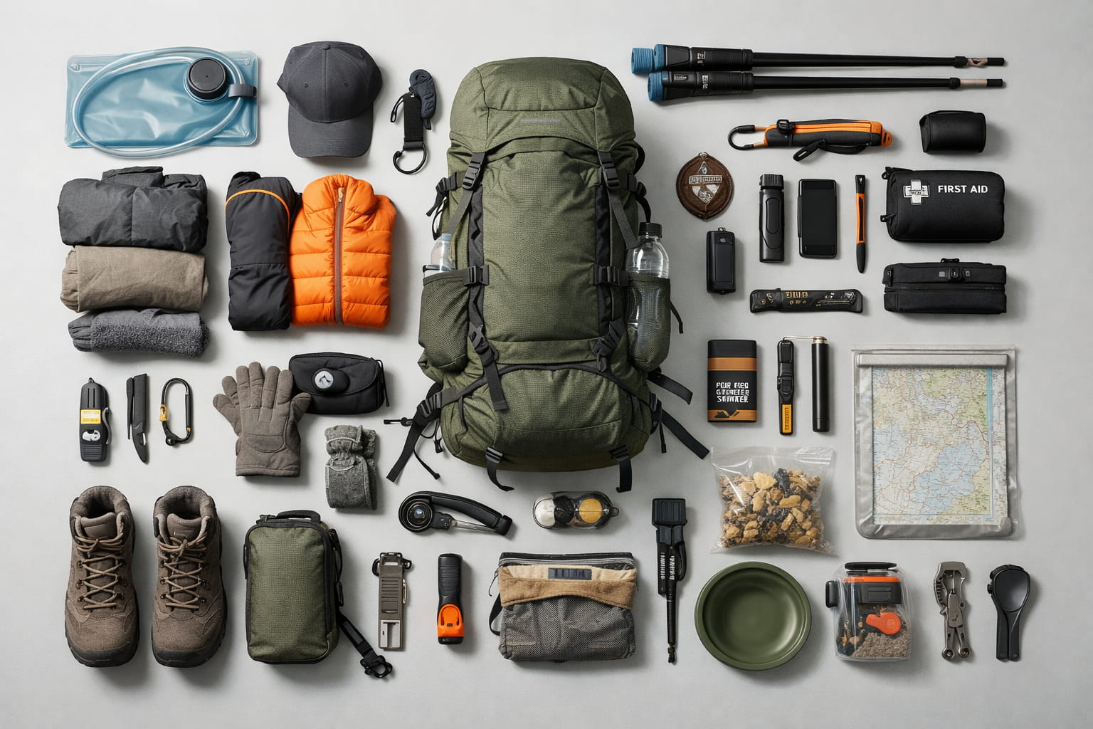 Igororotse ryibintu byingenzi byuzuye kumunsi wo gutembera, harimo amazi, ibiryo, imyambaro, ibikoresho byo kugenda, hamwe nibikoresho byumutekano.