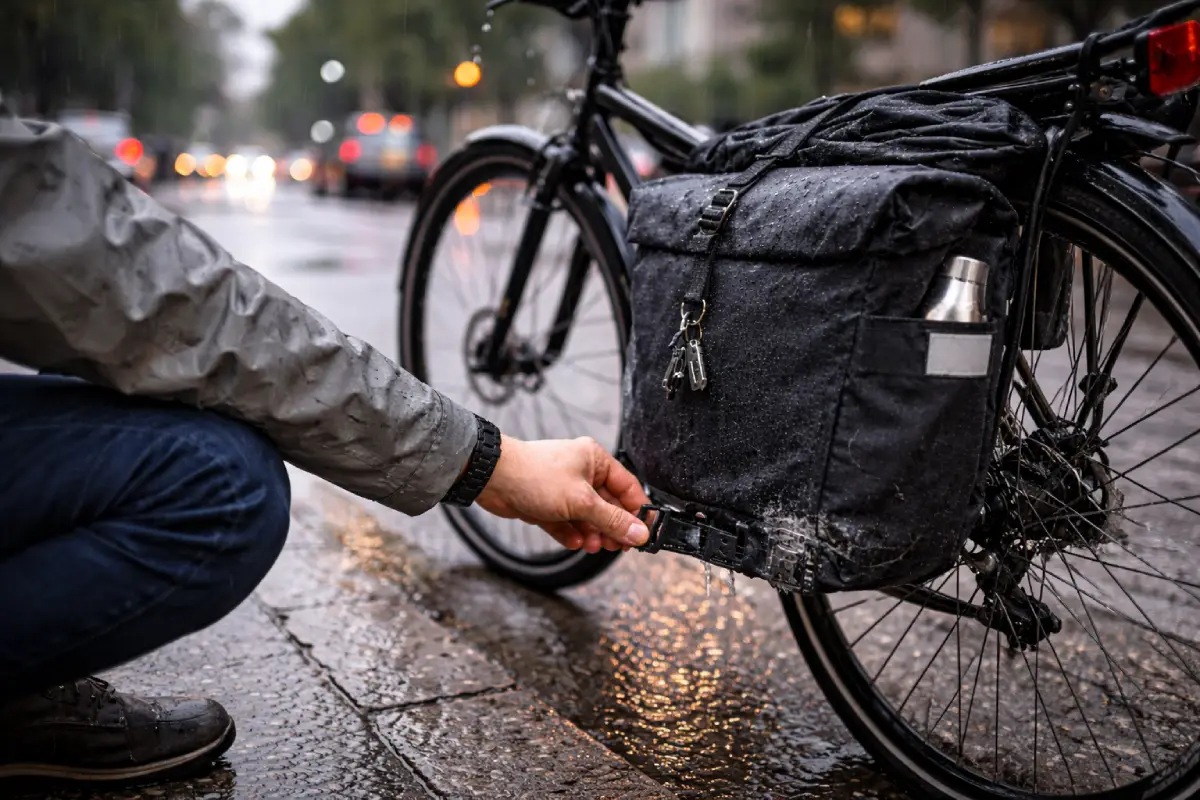 بایسکل چلوونکی په باران کې د مسافر وړونکي بایسکل څنګ ته کښیناست ، د شا پینیر کڅوړه کې د ټیټ سټیبلائزر کلپ چیک کوي ترڅو د تیریدو او ژر ناکامۍ مخه ونیسي.