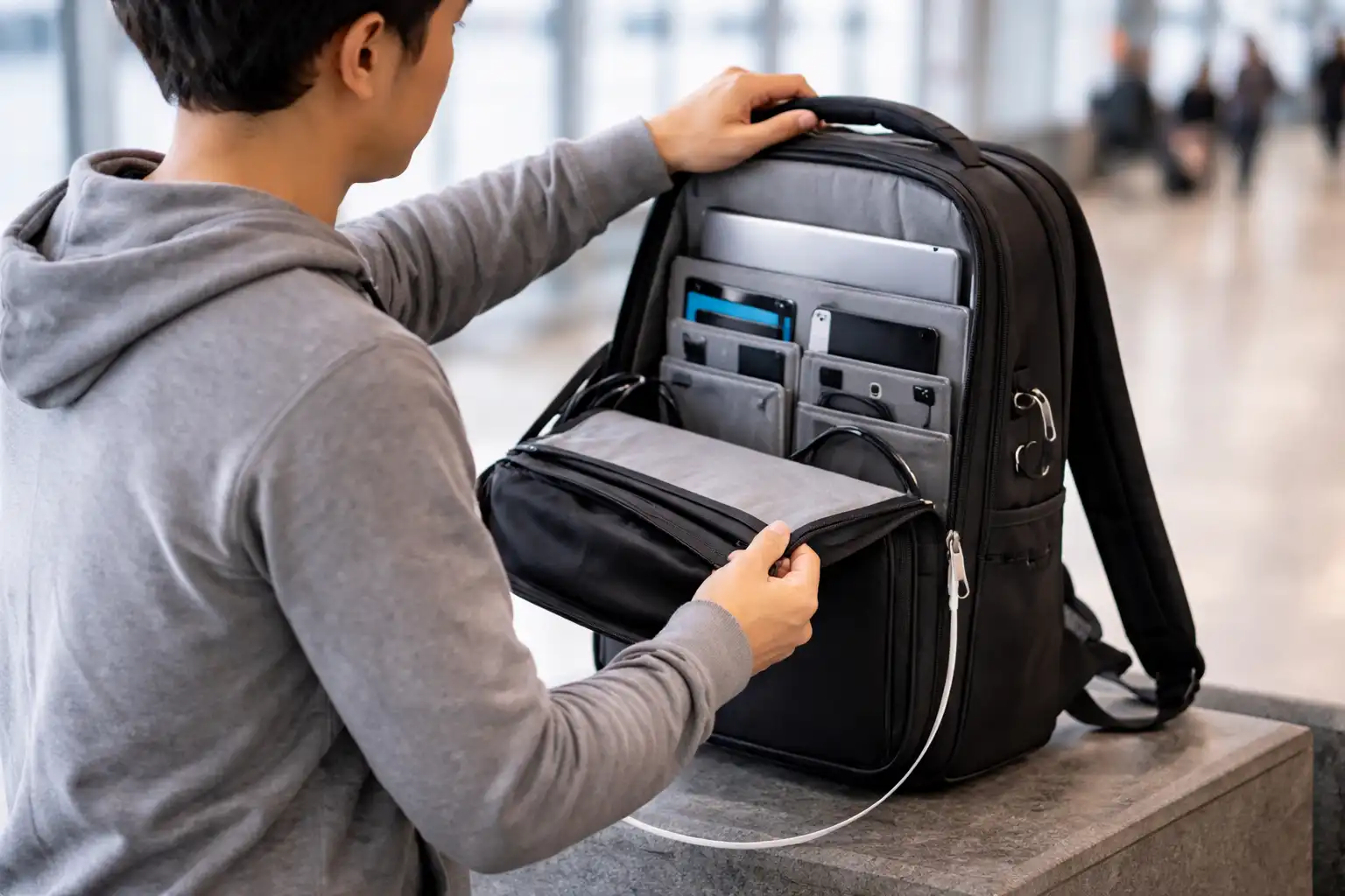 Младић у сивој мајици с капуљачом организује свој црни ранац за лаптоп на елегантном аеродромском терминалу, уредно ређајући свој лаптоп, таблет, телефон и каблове.