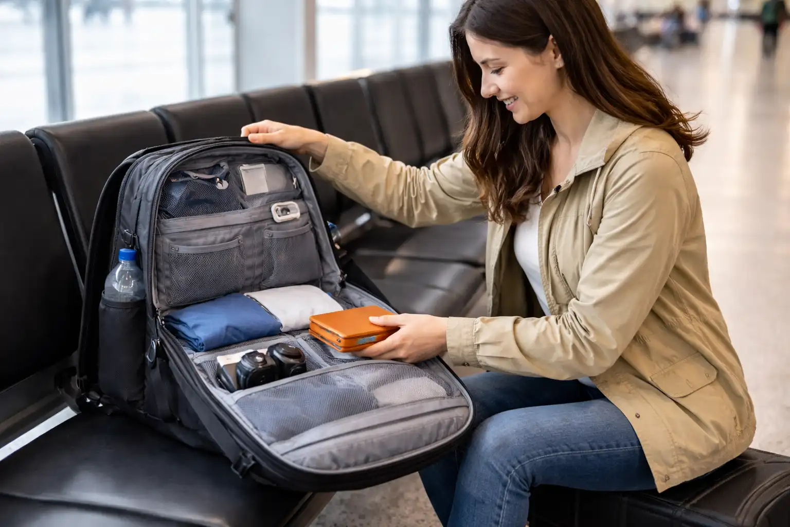 Млада жена са дугом смеђом косом организује свој сиви путни ранац на аеродрому, уредно пакује одећу, тоалетне потрепштине и електронику док се смеје.