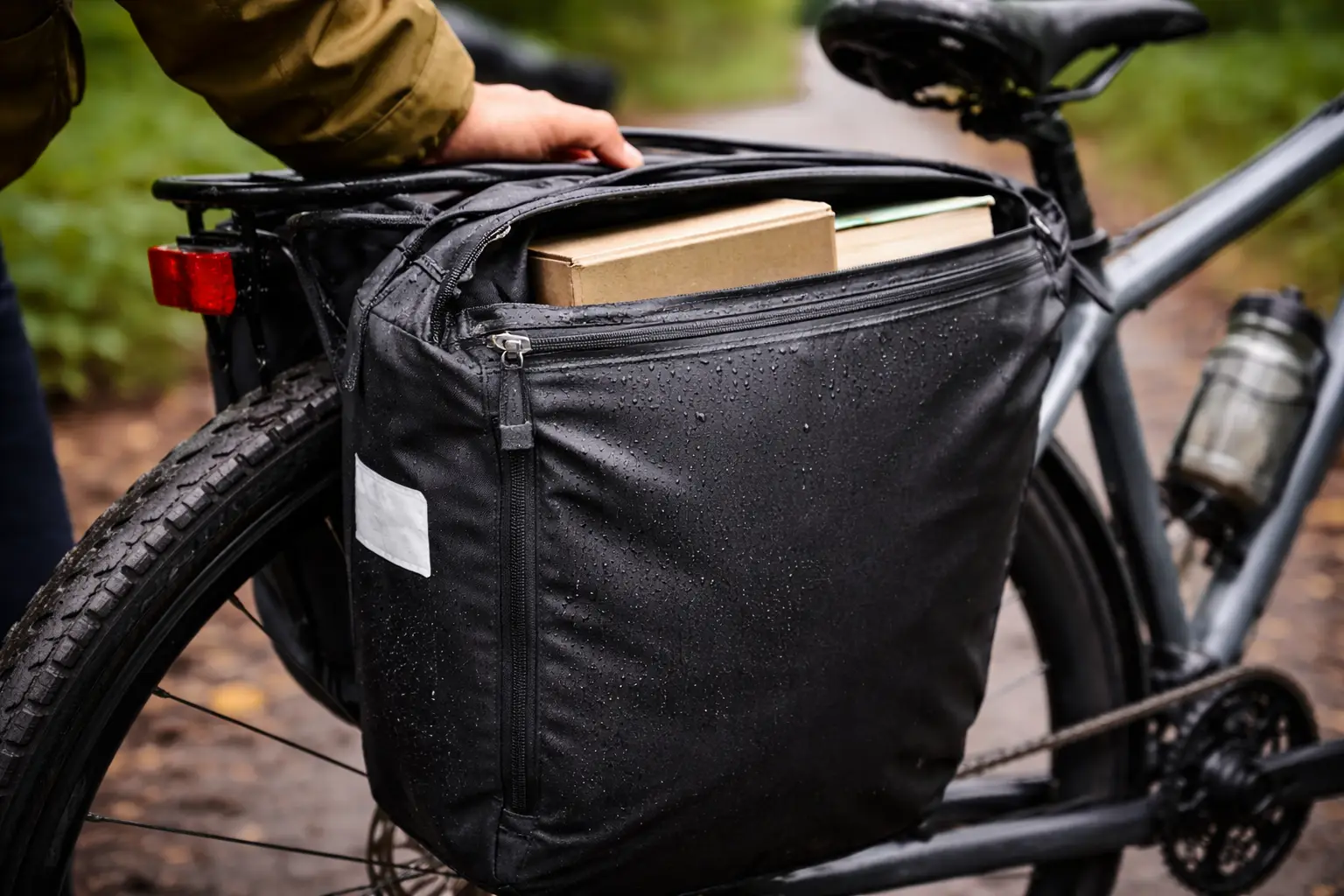 Close-up of an overstuffed pannier showing zipper strain from bulging cargo and side-load stress during commuting